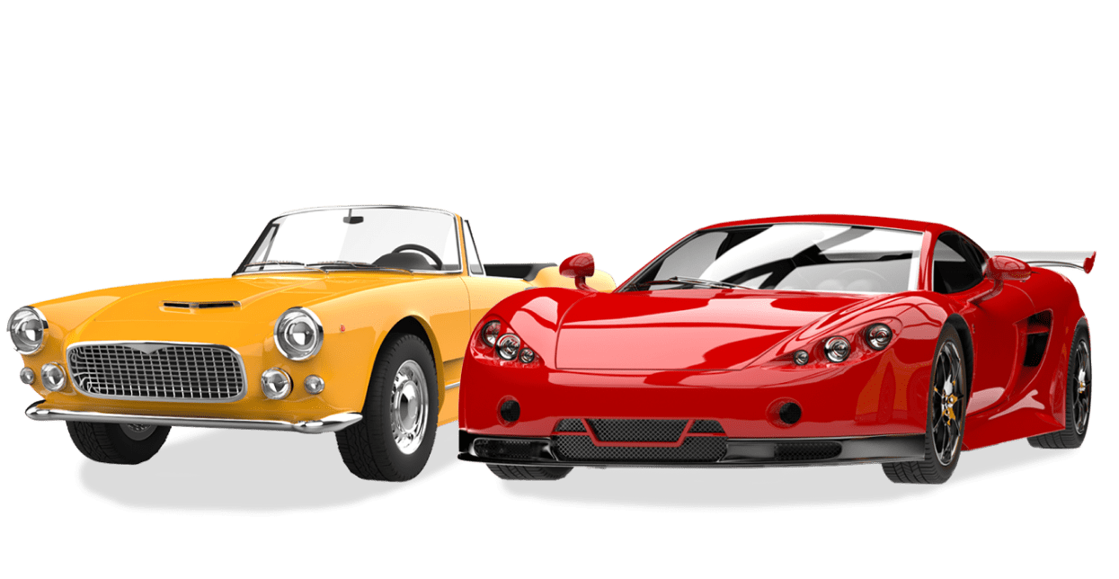 Zwei Sportwagen nebeneinander: links ein gelber klassischer Cabrio-Roadster im Retro-Design, rechts ein roter moderner Supersportwagen mit aerodynamischer Karosserie